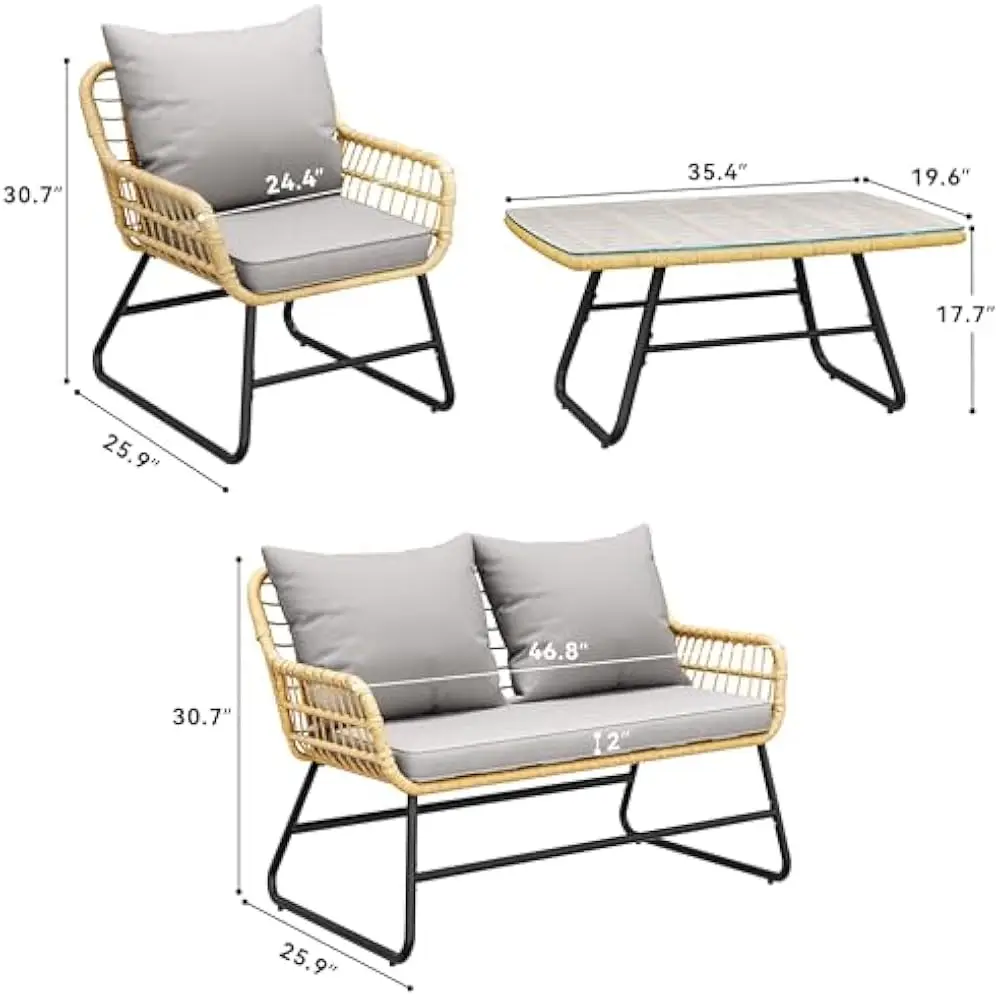4 Piece Patio Furniture Set, Outdoor Wicker Furniture Set with Removable Cushion, Rattan Patio Loveseat Set, Glass Side Table