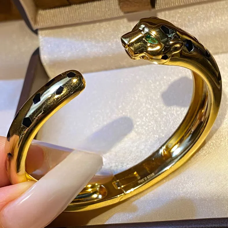 KQDANCE 925 Silver Black Panther Print Emerald Green Pear Cut Carbon Diamond Leopard Cuff Bangle Bracelet18K Gold Plate Jewely