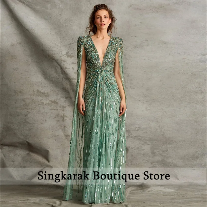 Exquisite Green Mermaid Beading Diamonds Elegant Birthday Robe Evening Gown With Cape Vestidos De Noche Customized