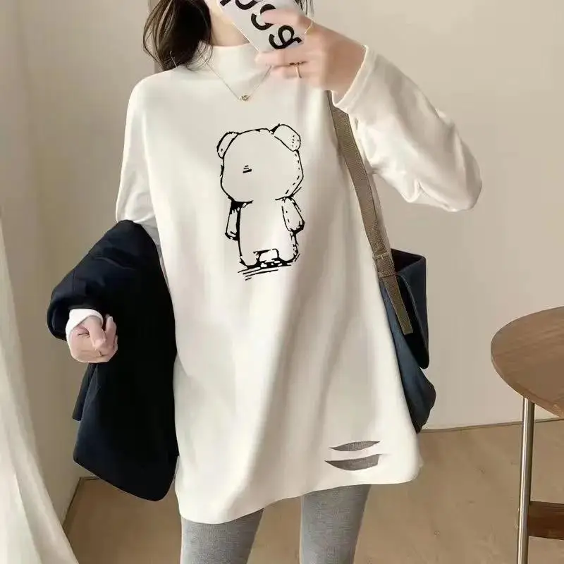 Fashion O-Neck Solid Color Printed Hole T-Shirt Female Clothing 2023 Autumn New Oversized Loose All-match Tops Casual T-Shirt