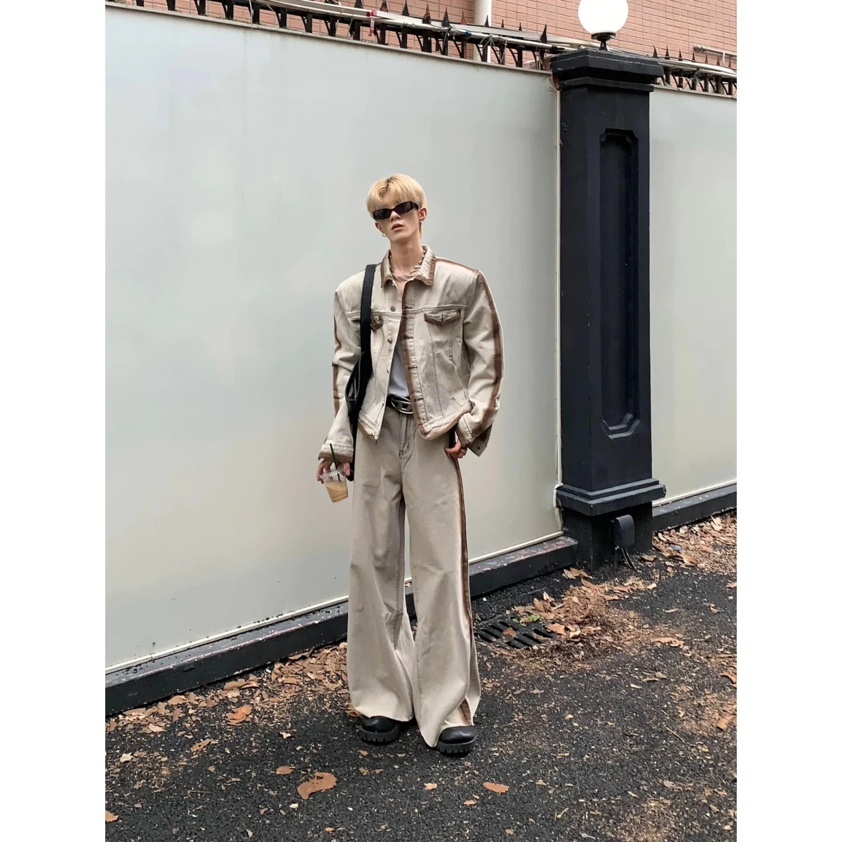 American Sle Autumn Winter Denim Set Coffee Striped Color Blo Faionable Urban Youth Jaet And Pants Outfit Stand Fit