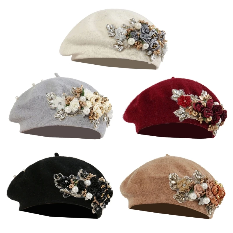 

Girls Casual Painter Hat Flower for Girls Hat Pearls Studded Street Photography Club Wear