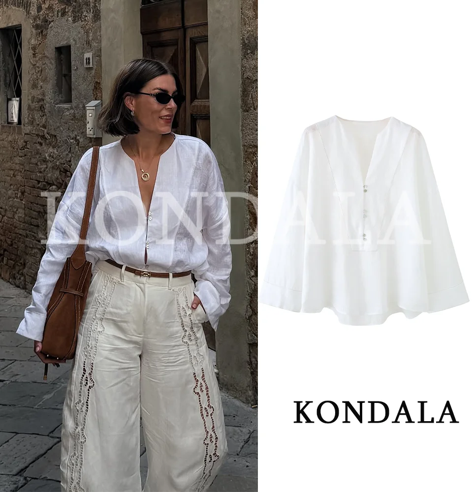 KONDALA Women Casual Chic Minimalist Loose Shirt 2026 Spring Summer Trendy Elegant Shirts Commute V-Neck Buttons Pullover Shirts