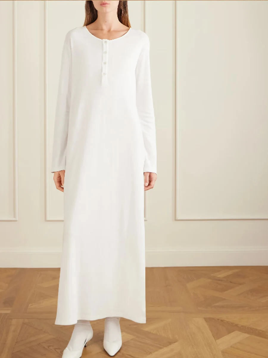 

2026 Spring/Summer Cotton Blend Round Neck Long Sleeve Split Hem Fashionable Simple Casual Long Dress