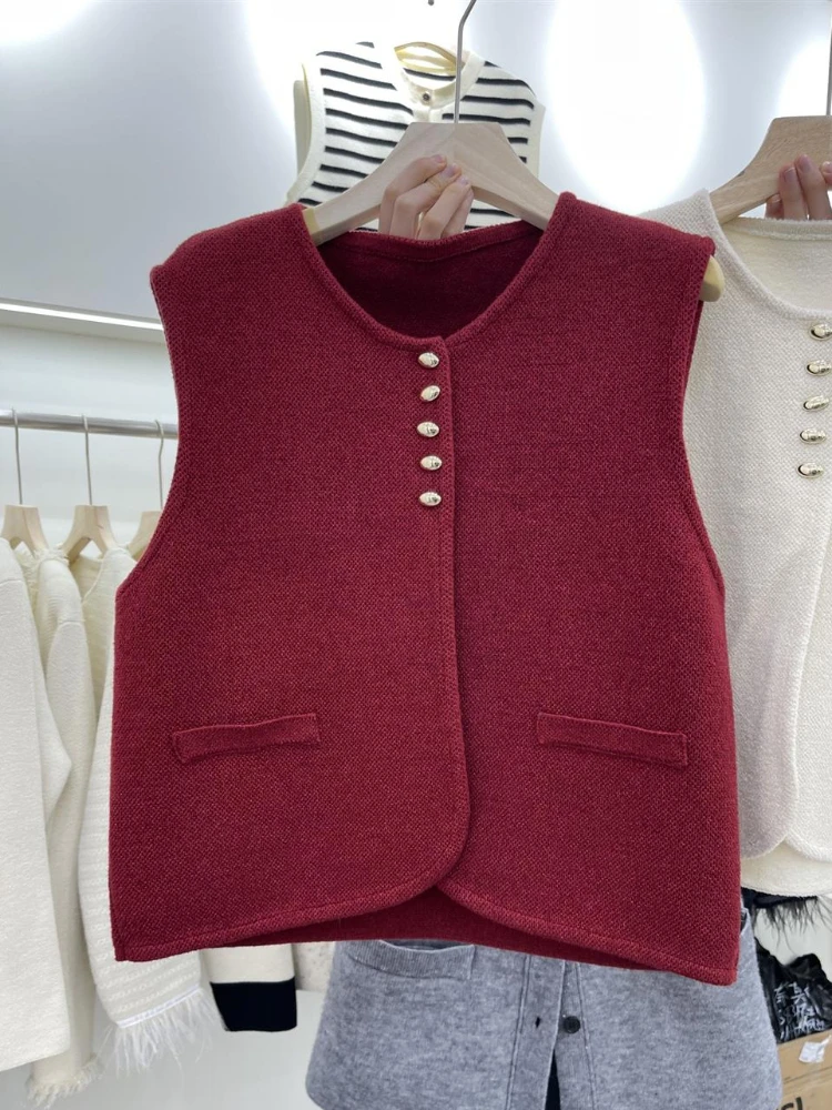 Sweater Vest Women Leisure Daily Soft Elegant Minimalist Stylish Autumn All-match Button Sleeveless Solid Knitted French Style