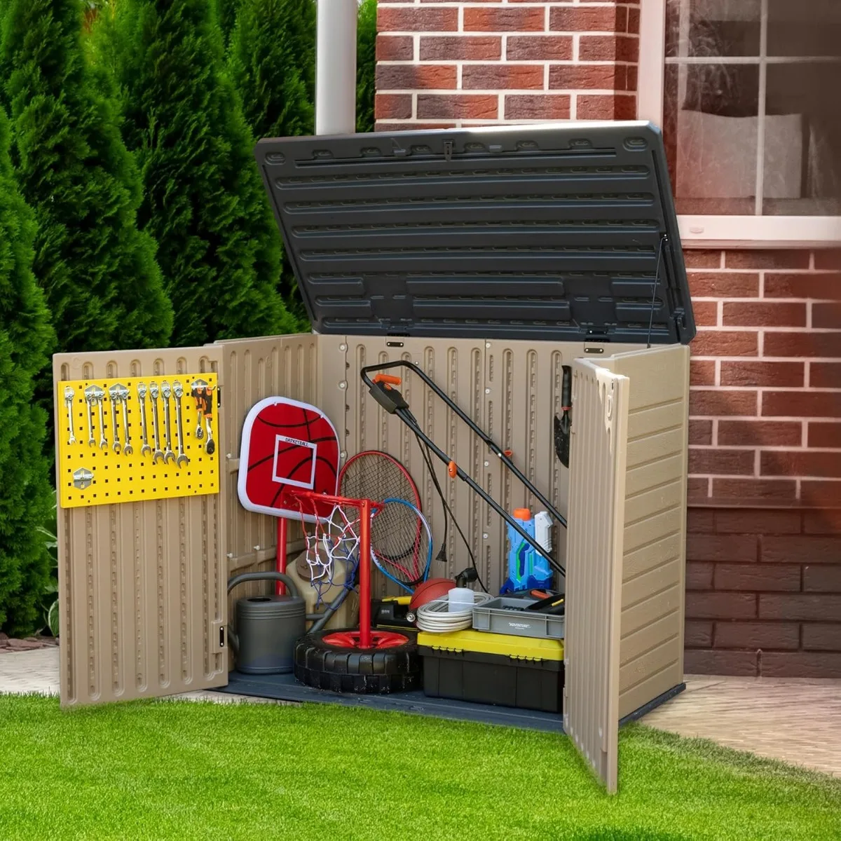 Outdoor Resin Storage Sheds, 39 in Height Lockable Waterproof Horizontal Shed w/o Shelf，Easy to Assemble Shed Storage