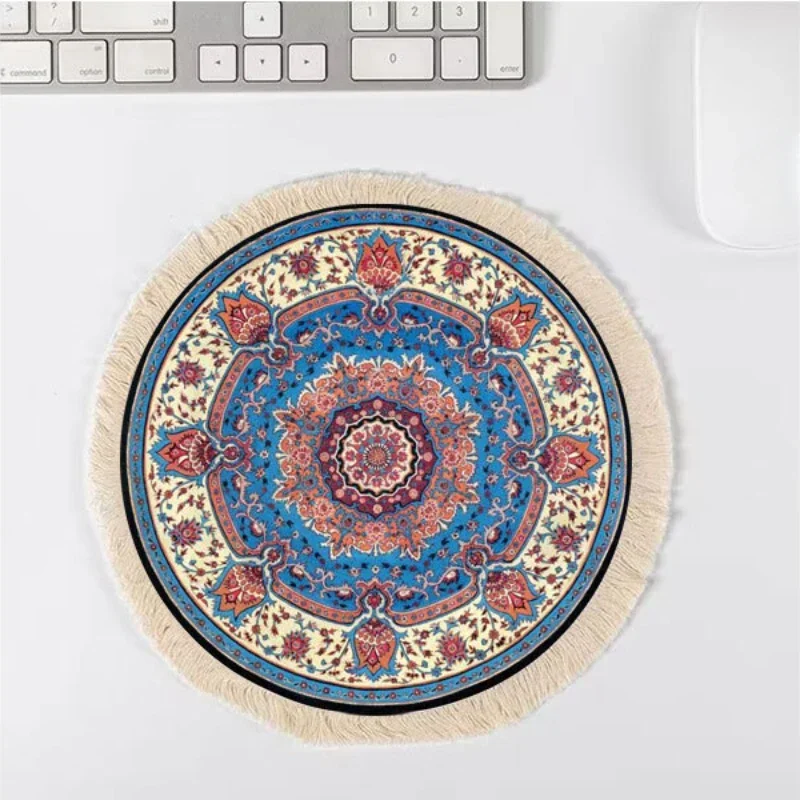 Woven Mat Persian Small Mouse Pad Gamer Fashionable Retro Style Circular Mousepad Home Office Coffee Mat For PC Laptop Desktop