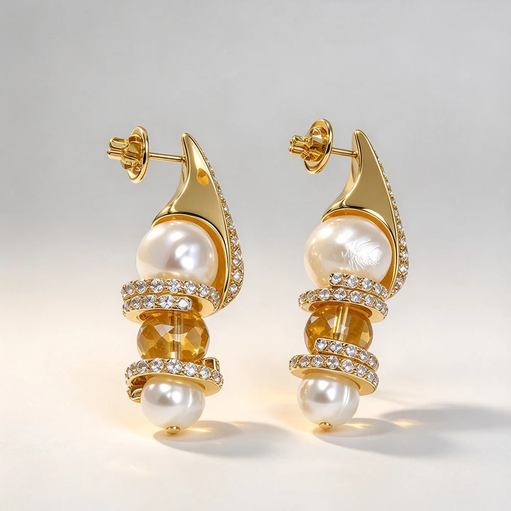 Yuri Ailey Gold Drop Earrings for Women Pearl & Citrine Crystal Dangle Earring with  Rhinestone Elegant Anniversary Jewelry