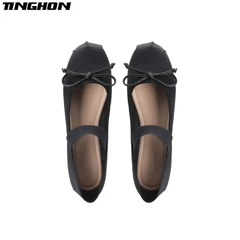 2024 French Retro Classic Silk Ballet Shoes One word Ballet Shoes Women Round Toe Bowtie Women Flats Elegant Valentine Shoes