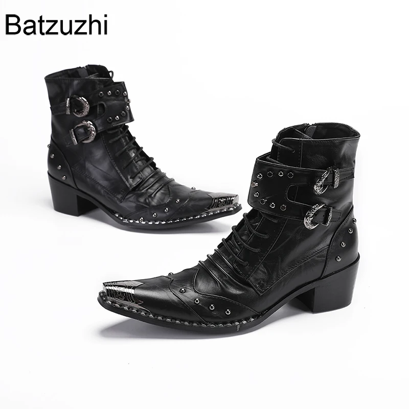 

NEW Handmade Men's Boots Shoes Pointed Metal Tips Black Genuine Leather Ankle Boots Buckles 6.5cm Heels Motorcycle Boots!