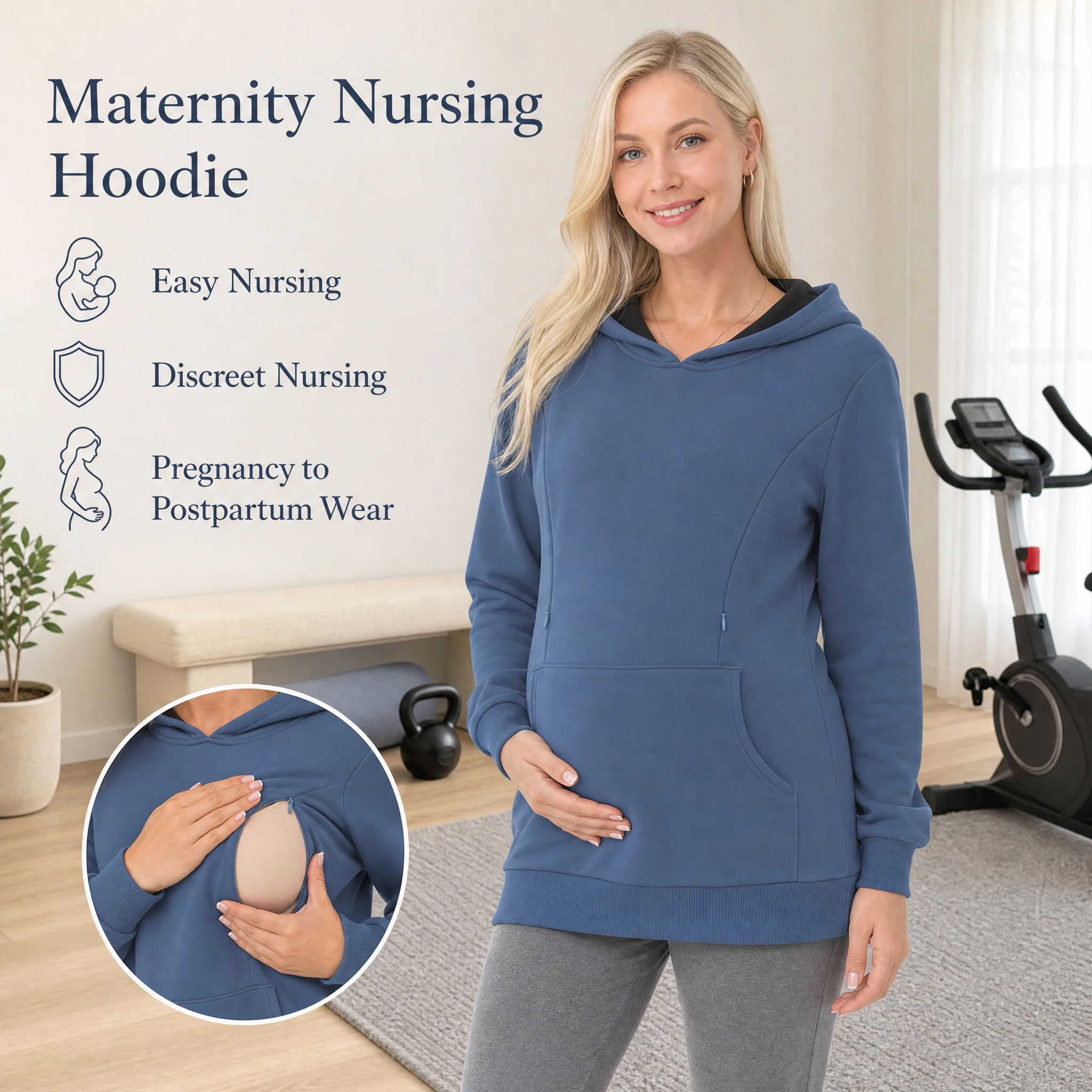 Maternity Nursing Hoodie Fleece Lined Zip Breastfeeding Hooded Sweatshirt Pregnancy Postpartum Top with Kangaroo Pocket