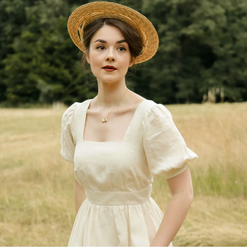 

Spot GoodsN599Spring and Summer2025Solid Color Square Collar Short Sleeve Mid-Length Linen Dress French Retro Gold