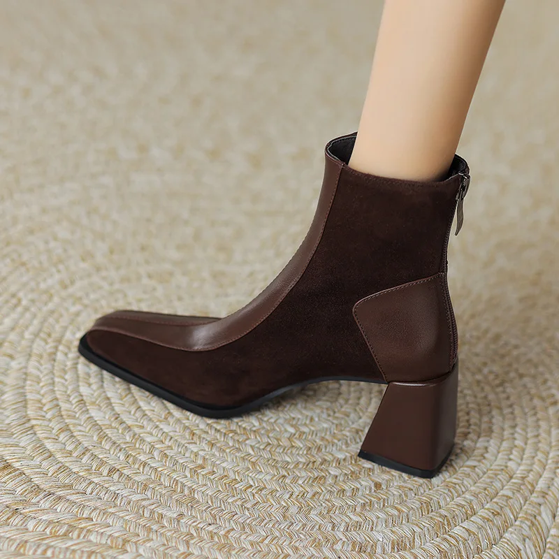 

Винтажные женские ботильоны с квадратным носком, модные короткие ботильоны с молнией сзади, осенне-зимние женские лаконичные офисные туфли на толстом каблуке