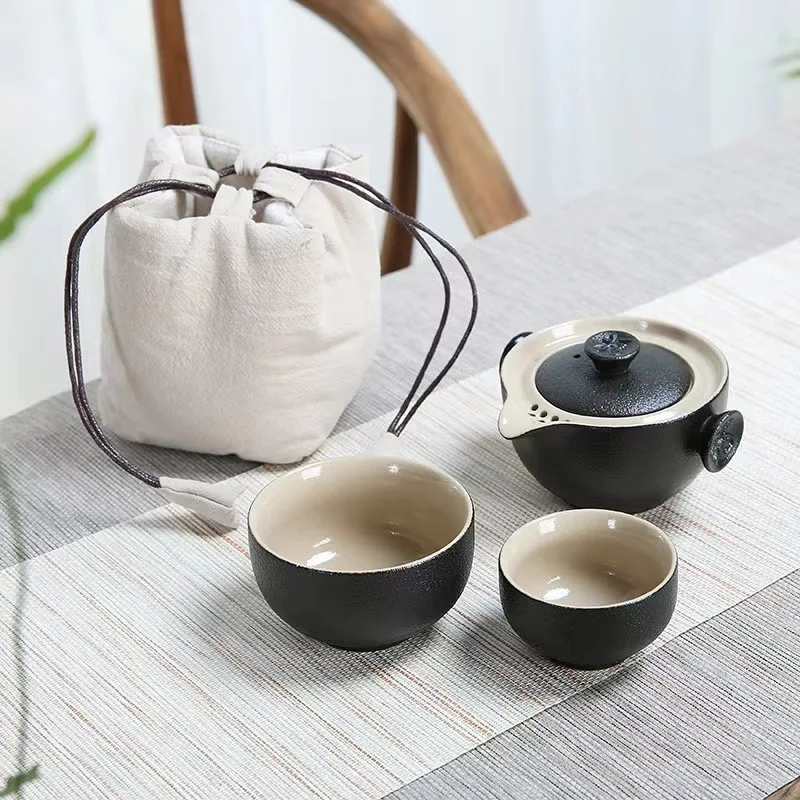 Black Quick Cup Ceramic One Pot Two Cups Japanese Style Cloth Bag Travel Tea Set Portable Gift