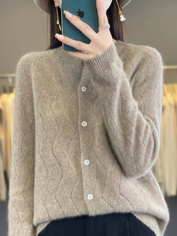 

Autumn Winter Women Basics Cashmere Sweater Hollow Cardigan O-neck 100% Merino Wool Knitwear Female Grace Soft Knitting New Top