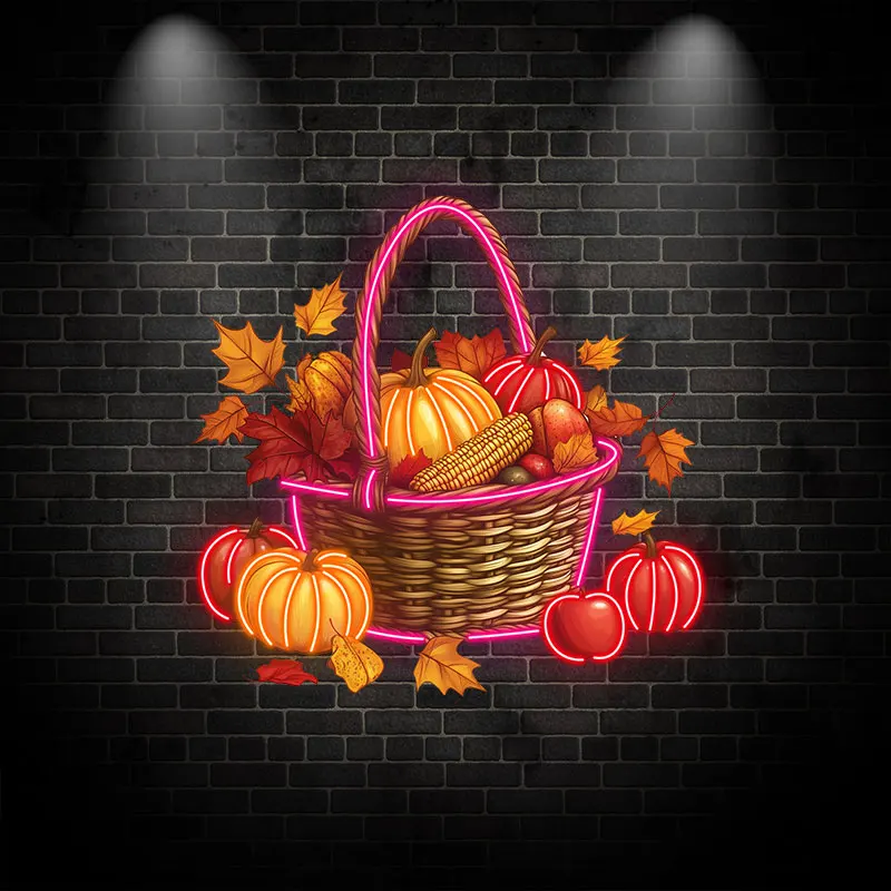 Autumn Harvest Basket Thanksgiving Neon Light – Rustic LED Thanksgiving Decor with Pumpkins, Corn and Apples, Autumn Home decor