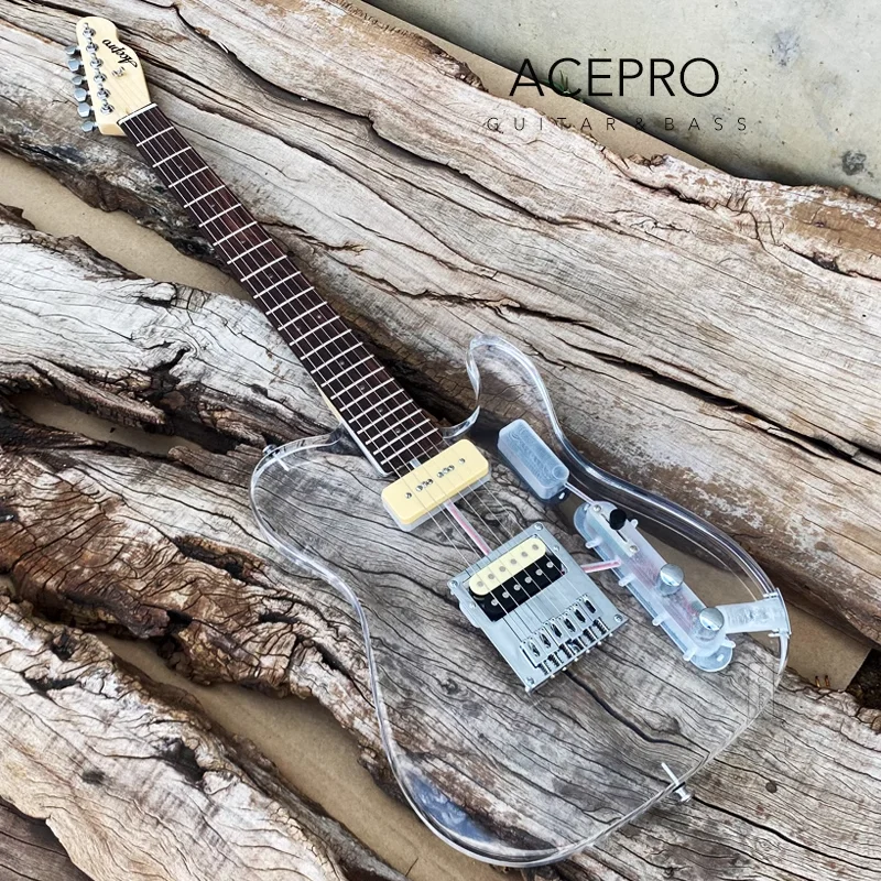 In Stock Acepro Colorful LEDs Acrylic Electric Guitar, Clear Acrylic Crystal Body Guitarra, Maple Neck, Rosewood Fretboard