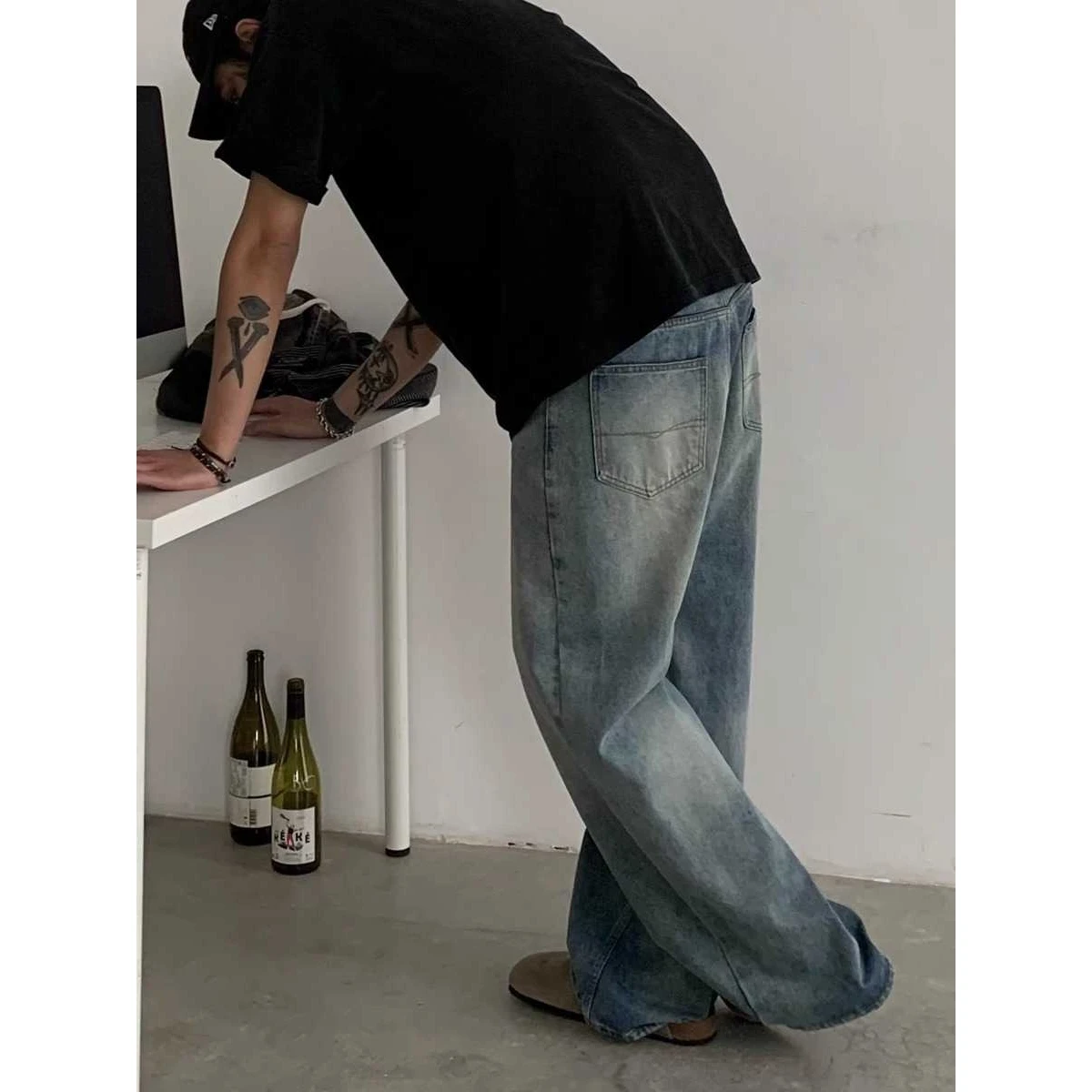 

Мужские джинсы American Sle в винтажном стиле, свободного кроя, осенне-зимние, модные, с широкими штанинами, длинные брюки, удобные, из смесовой хлопковой ткани