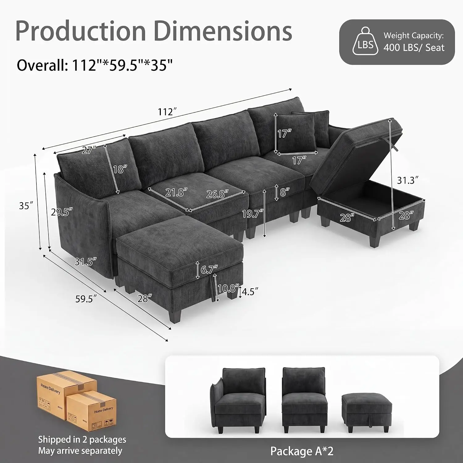 U-Shaped Sectional Sofa, 6-Seat Cloud Couch with 2 Storage Ottomans, Chenille Fabric for Living Room & Bedroom, 112
