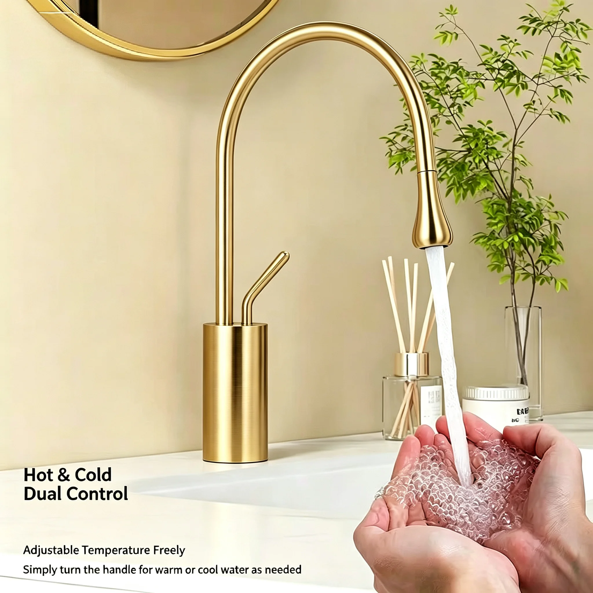 Gold water drop faucet; extended hot and cold faucet; high-style washbasin faucet; bar sink rotating anti-splash faucet