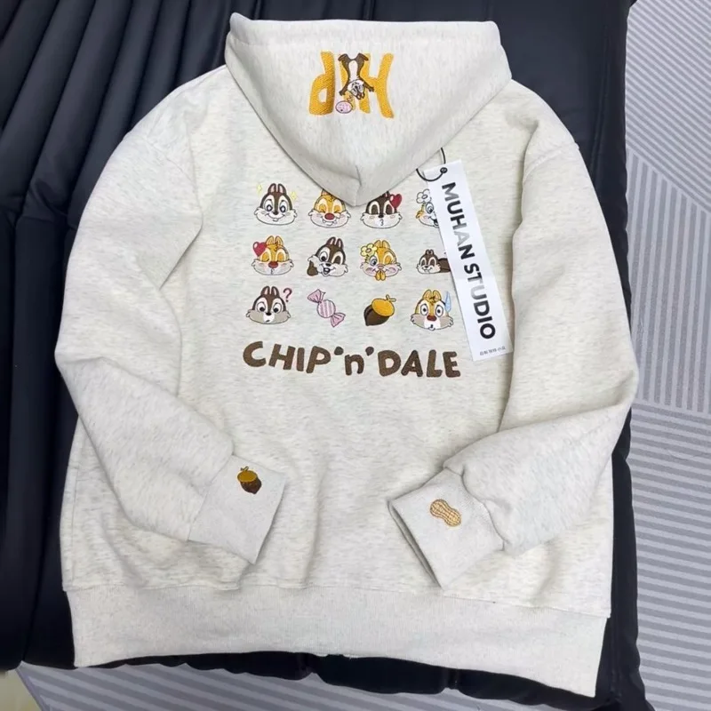 Disney Chip Dale animation peripheral cartoon embroidered printed hooded plus velvet couple style solid color sweatshirt jacket