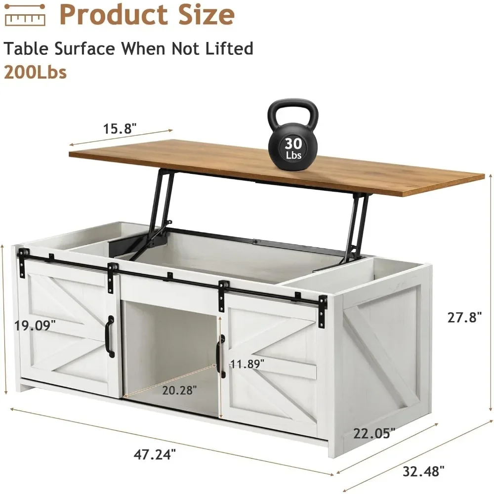 Coffee Table, 47” with Storage Cabinet with Large Hidden Storage Compartment, Sliding Barn Door, Elevated Coffee Table