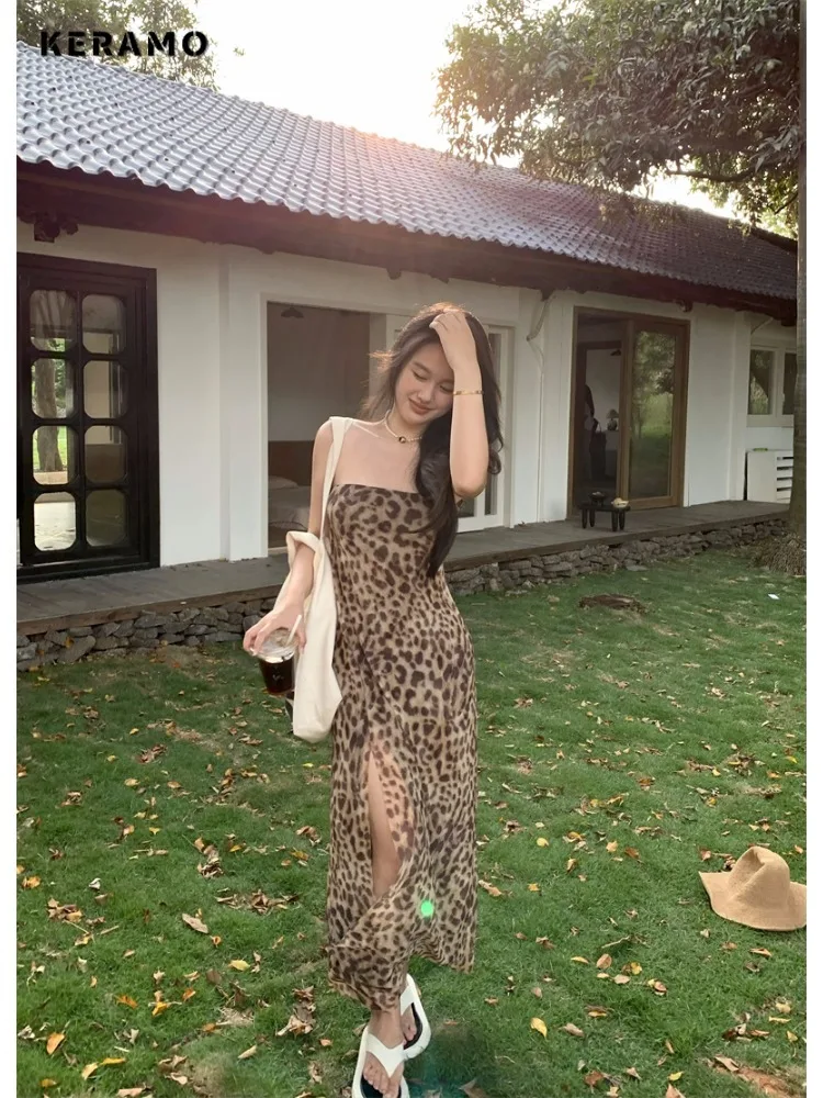 

Women Sexy Strapless Leopard Print Off Shoulder Dresses Vestido 2024 Summer High Waist Vintage Hotsweet Slim Fit Slit Mini Dress