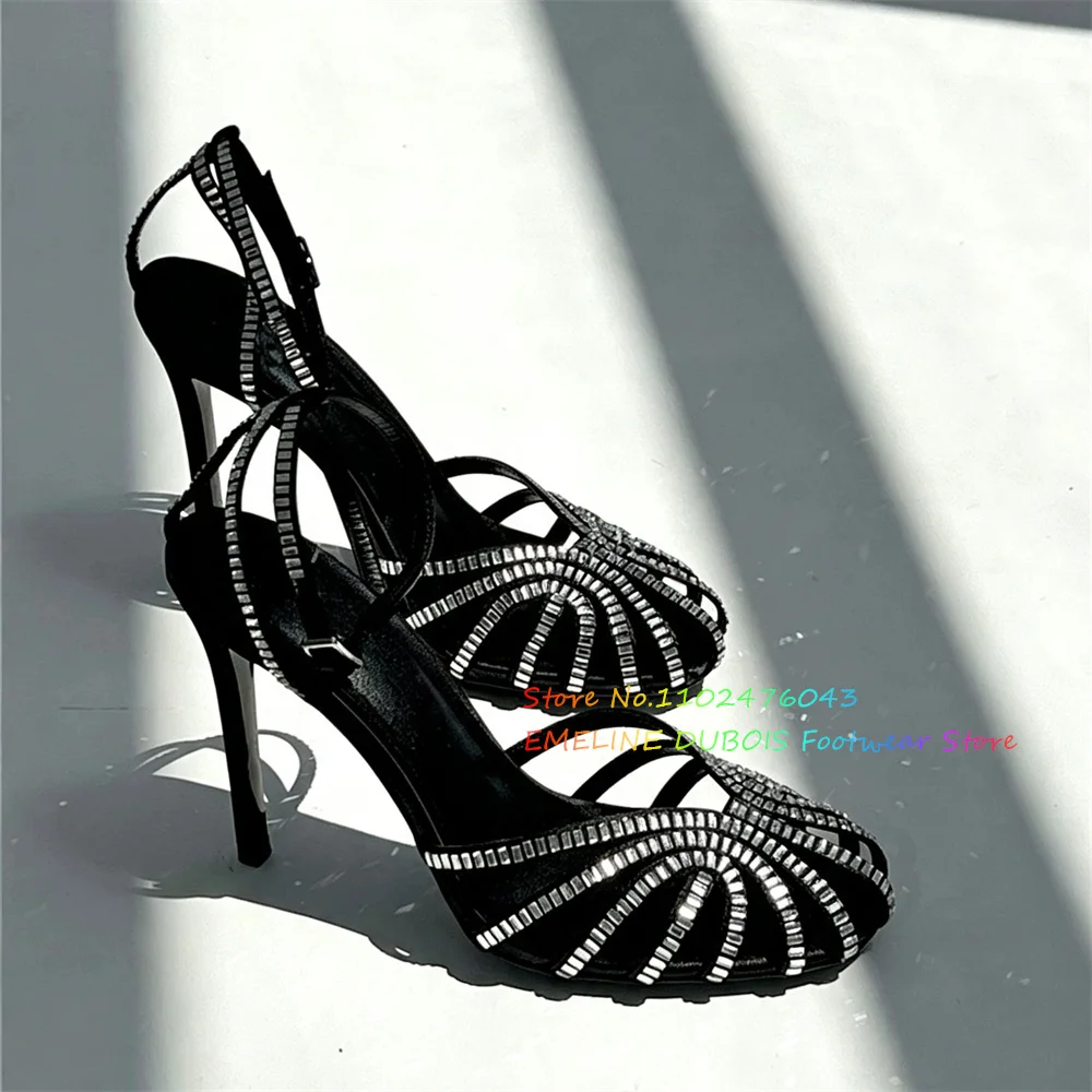 Nuevas Sandalias de Tacón Alto con Punta Redonda y Pedrería Negra, con Cinta Delgada y Diseño Romano, Sandalias Huecas con Correa de Hebilla para Fiesta, Zapatos de Vestir 2026