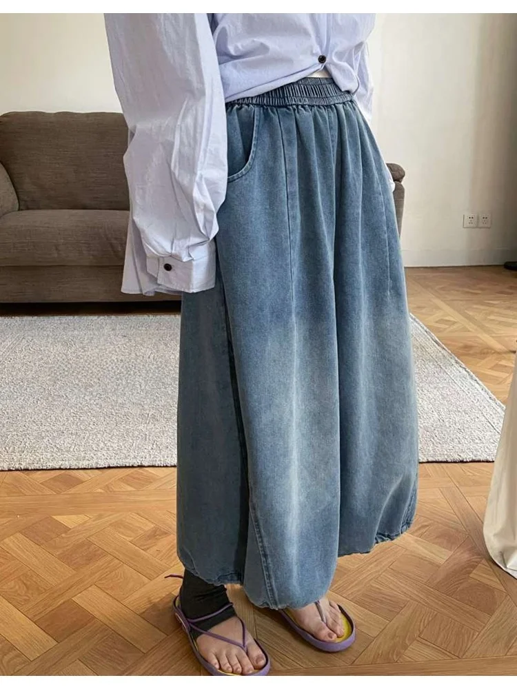 

High Waist Wide Leg Jeans Women's Casual Loose Fit Denim Pants Spring Season Versatile Elastic Waist Blue Cotton Breathable