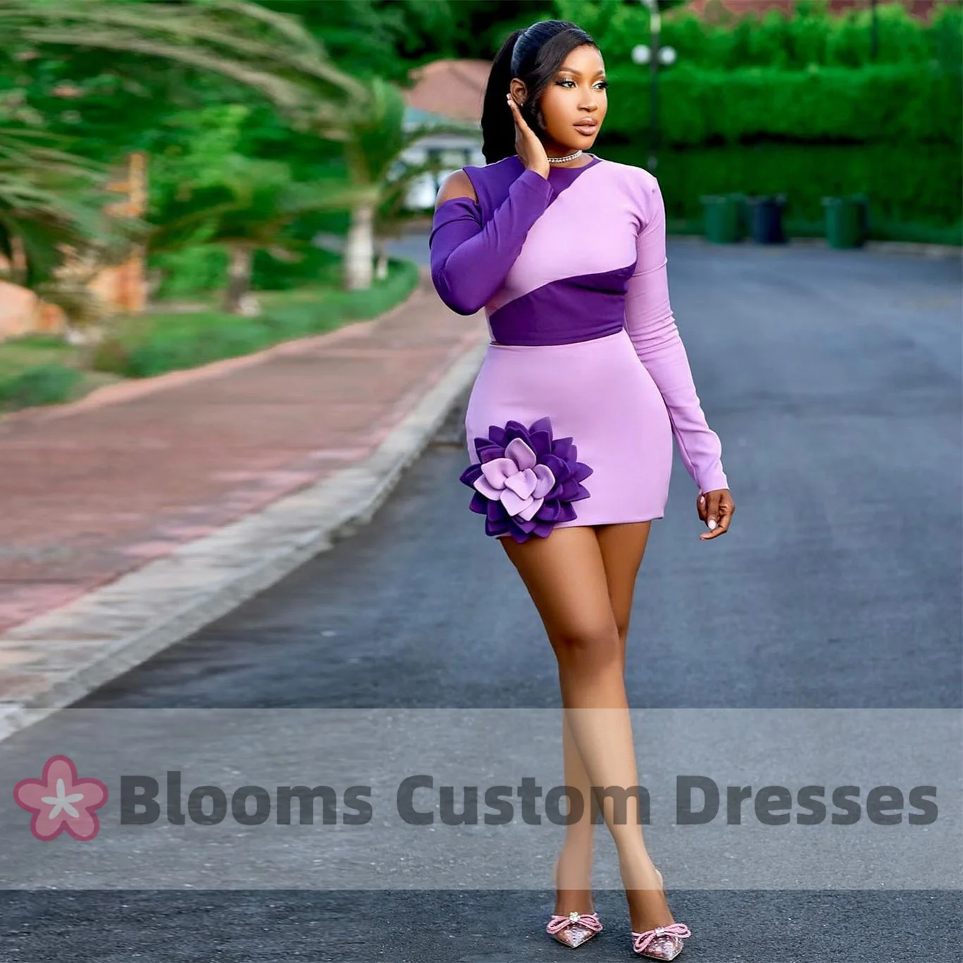 

Blooms Purple Contrast Color Flower Short Evening Dresses 2024 Long Sleeves Prom Dress Aso Ebi Africa Formal Occasion Gown