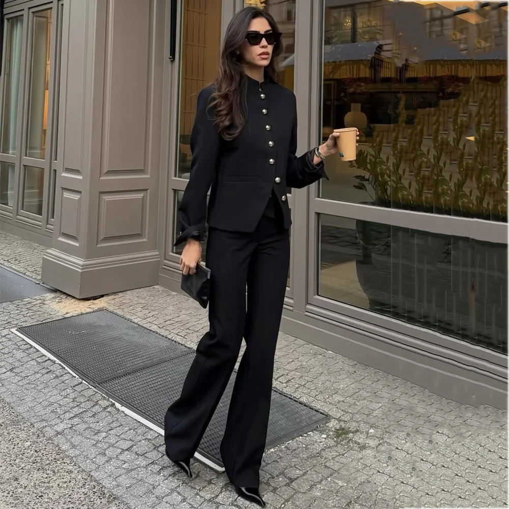 Classic Black Women's Suit Set Stand Collar Single Breasred Cropped Blazer Pants 2 Piece Outfit Elegant Office Business Wear