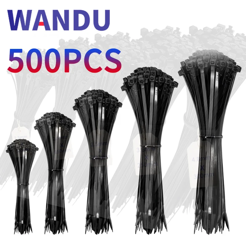 500PCS Self-Locked Nylon Cable Tie Black Plastic Wire Zip Ties Sets Fixed Binding Wandu