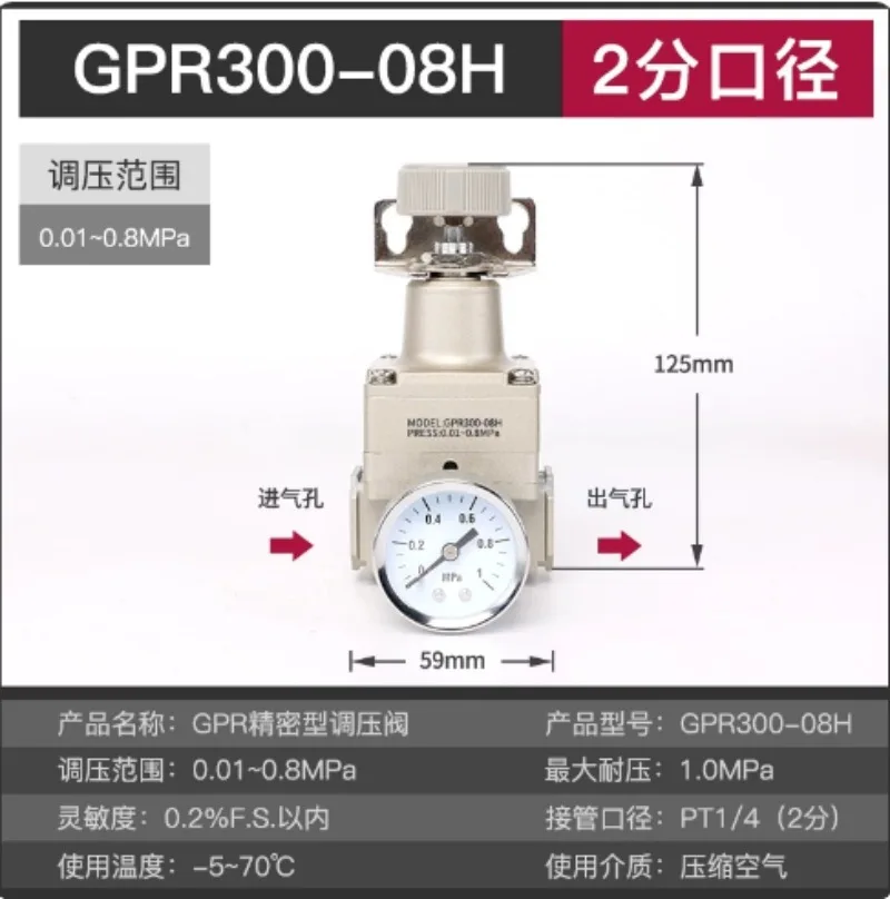 GPR20006/GPR30008 Series Precision Pressure Regulator, L/M/H Adjustable 0.005-0.8MPa