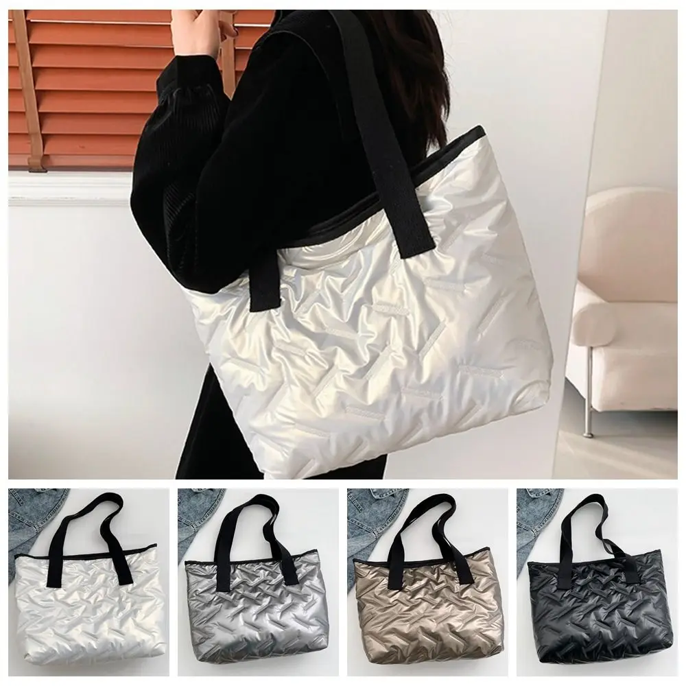 

Large Capacity Puffer Tote Bag Korean Style Quilted Down Padded Cloud Handbag Waterproof Solid Color Cotton PU Handbag Winter