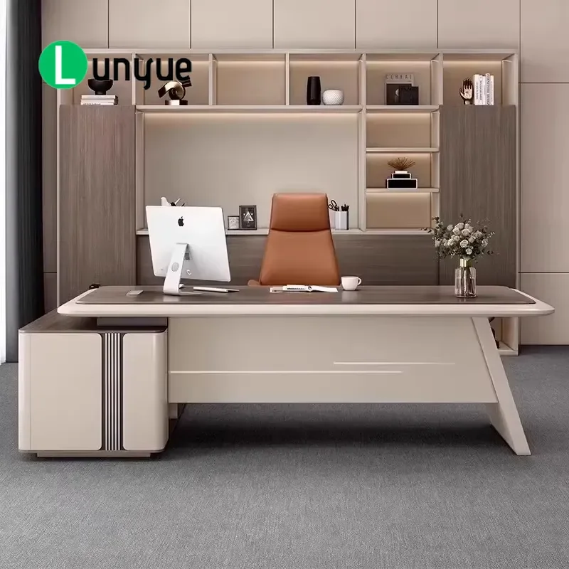 Luxury L-Shaped Executive Desk Modern Wooden CEO Boss Office Table with Side Cabinet High-End Manager Workstation Furniture