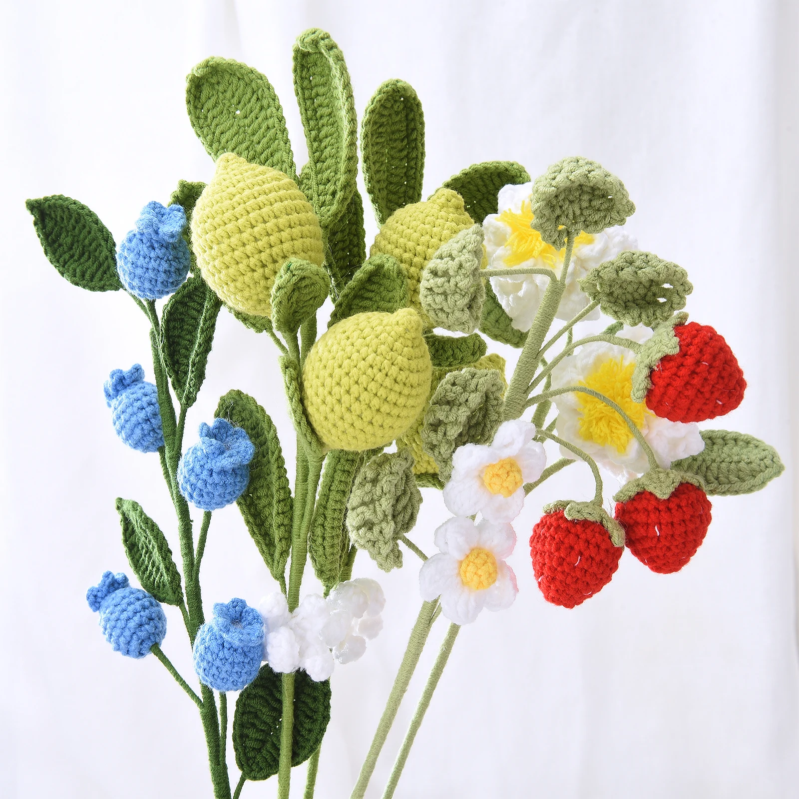 

Artificial Knitted Flowers With Leaves Reusable Hand-Knitted Simulation Lemon Fruit Branch Fake Plant Home Decoration