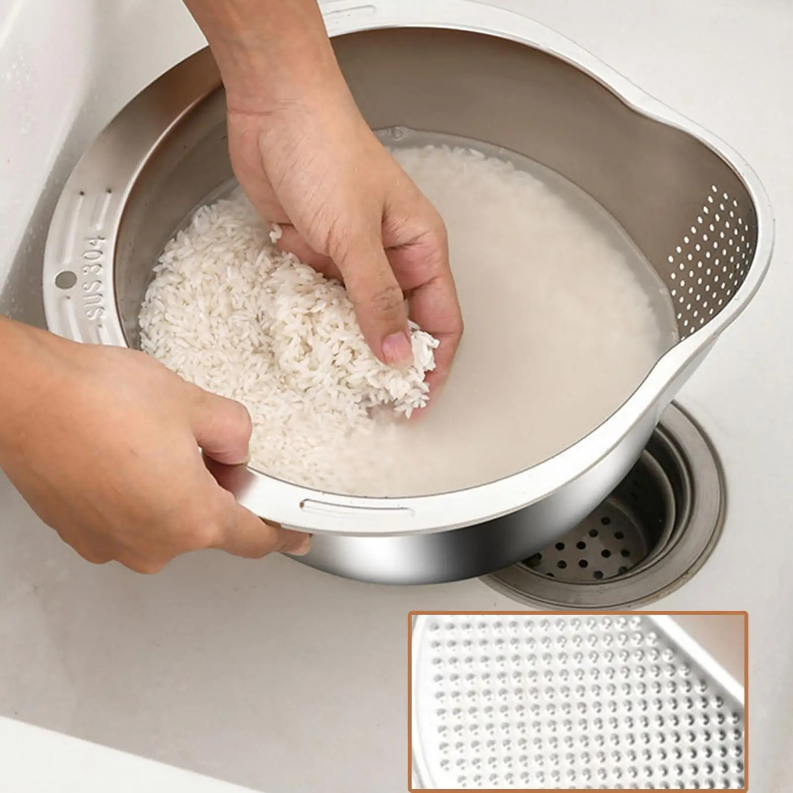 Stainless Steel Rice Washing Basin  Inclined Bottom Metal Sieve Colander Rice Fruit Vegetable Strainer Kitchen Cleaning Tools
