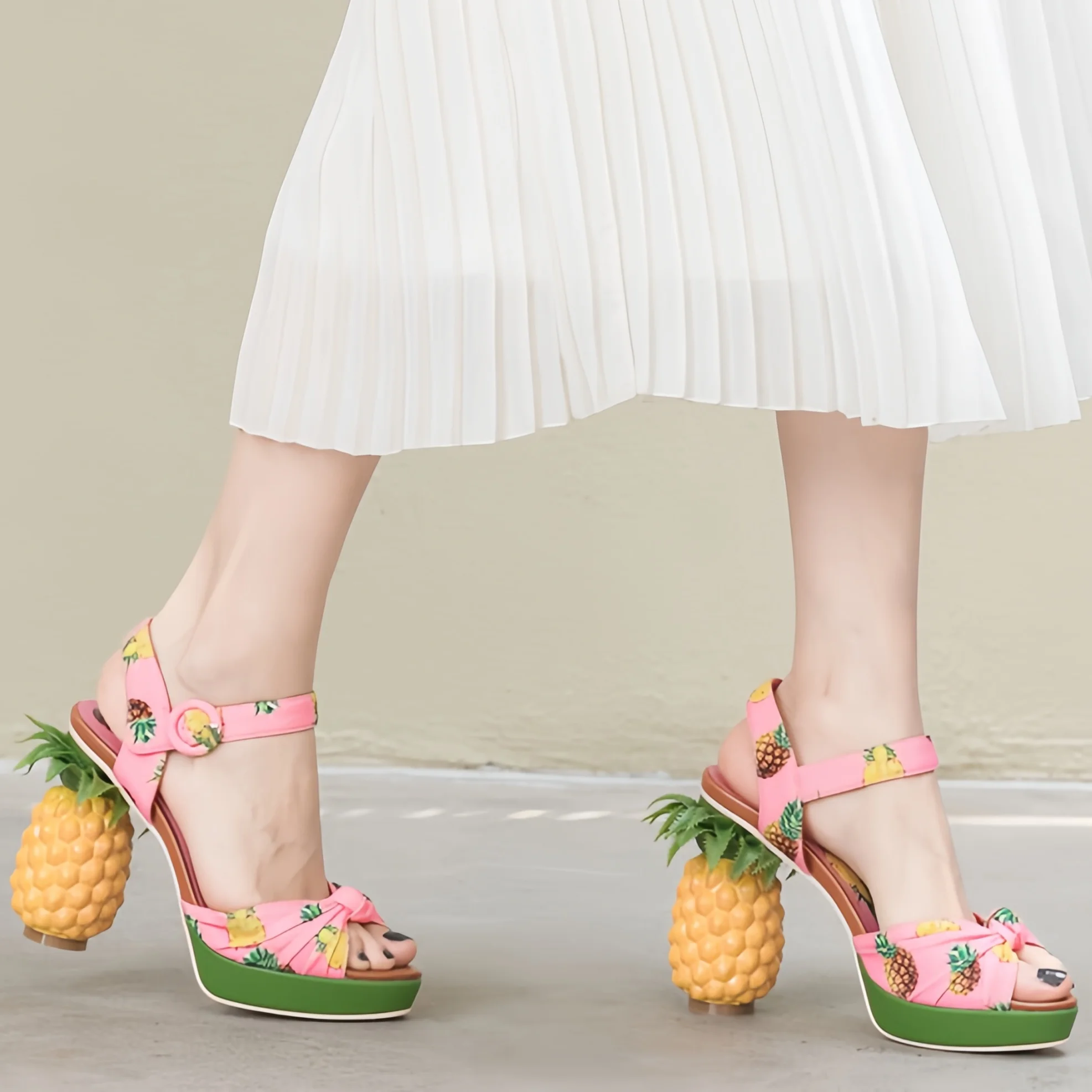 

Design Inspired High Heels Pineapple High Heels Fish Mouth Sandals Pineapple Print Sandals Sweet Ladylike Sandals non-slip sole