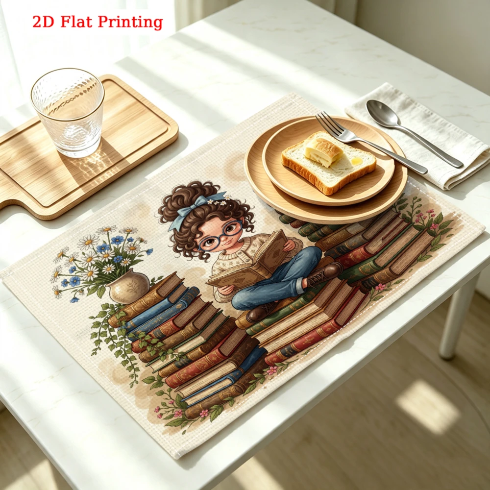 Girl Reading Books Surrounded By Flowers Kitchen Placemat Coaster Linen Pad Dish Coffee Cup Table Mat 30x40cm Home Decor