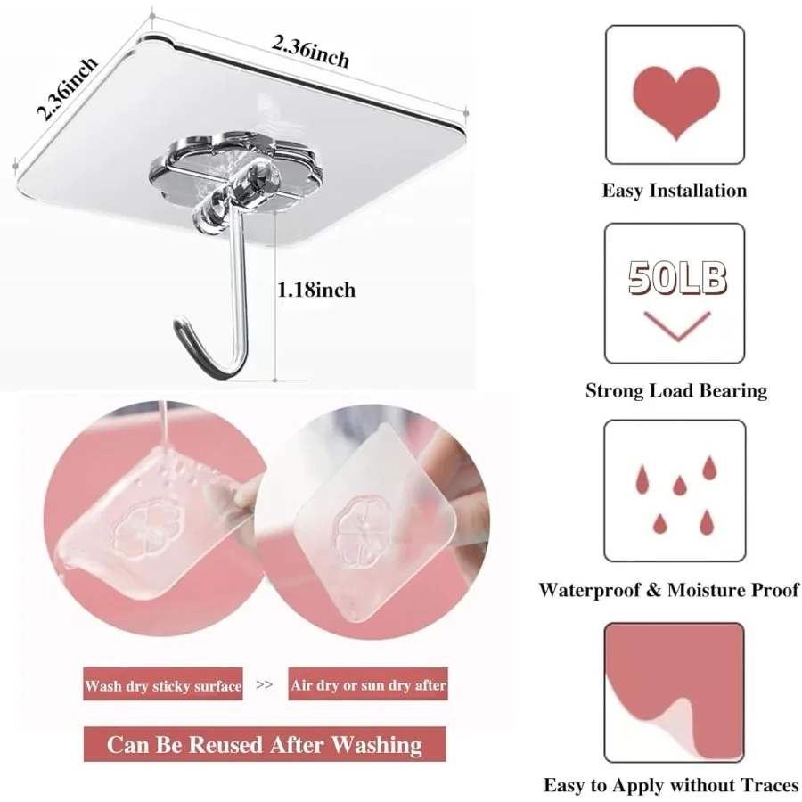 24 Packs Transparent Reusable Waterproof Adhesive Hooks for Heavy Duty Wall Hanging Ideal for Kitchen Curtains Towels and Bathr