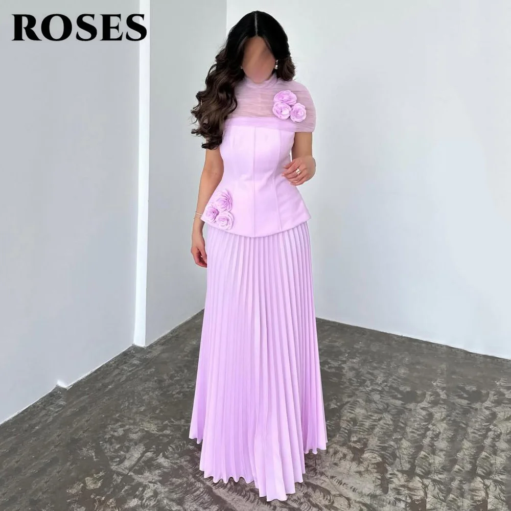

ROSES Lilac Chiffion Prom Dress 3D Flower and Pleated Party Dress Sheer Neckline 프롬 드레스 3D Floral Evening Dress Customize