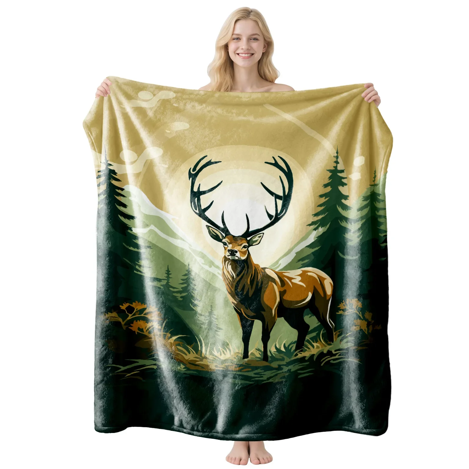 Golden Sunrise Blanket Big Antler Deer Painting Throw Couch Cover Alpine Woods Silhouette Fleece Blankets Sofa Bedding