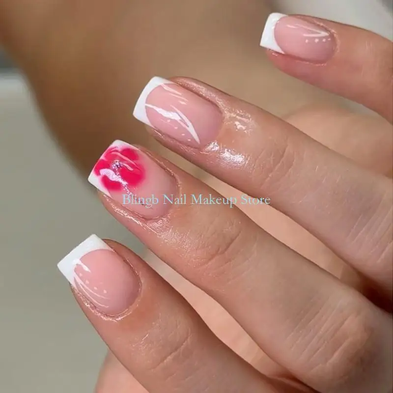 28ta witte glitters druk op spijker 24 stks kort vierkant Frans design kunstmatige nagel abs mat natuurlijk uiterlijk dagelijkse