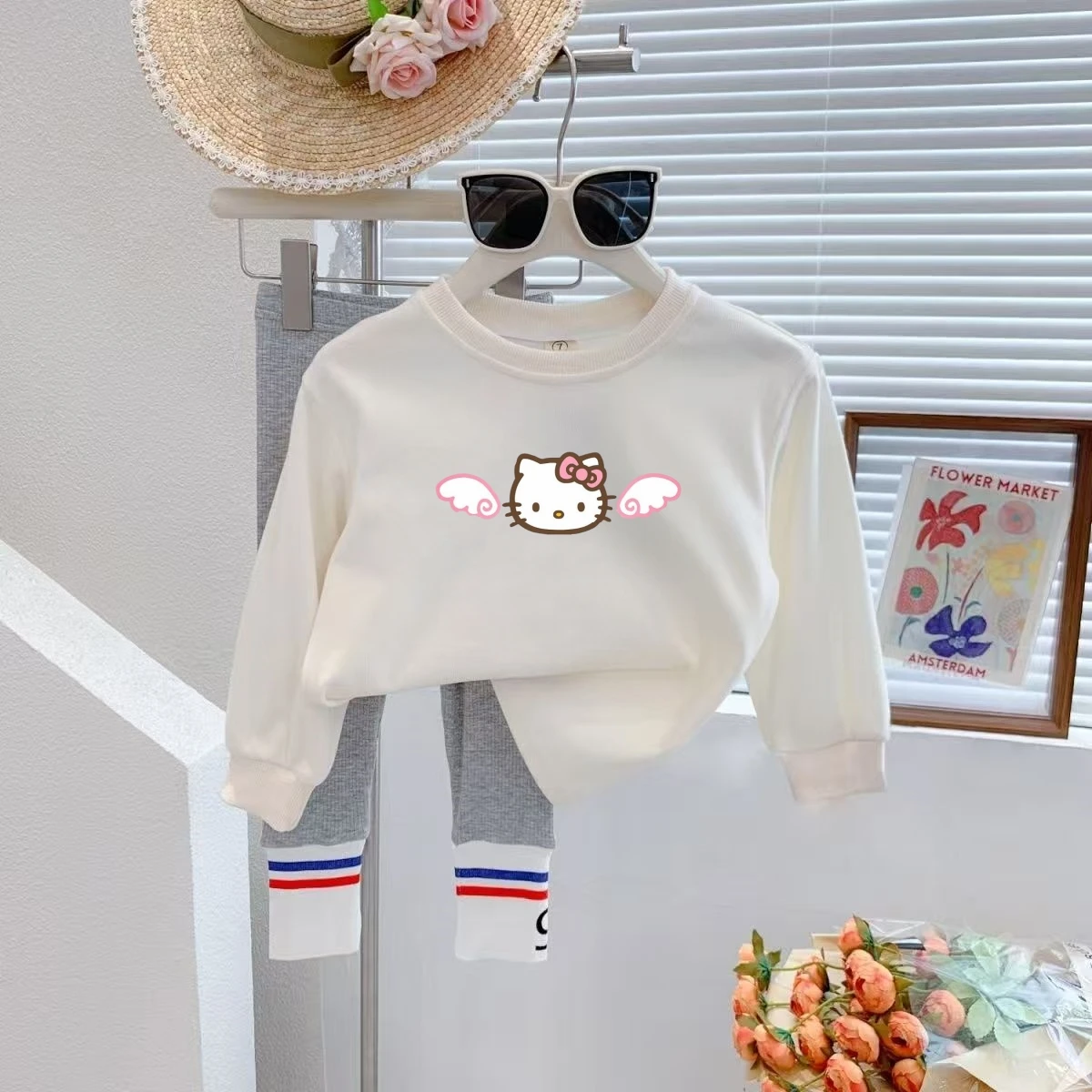 

Autumn Baby Girls Solid Cotton Clothes Set Kid Sanrio Hello Kitty Printed Sweatshirts Top and Knitted Legging Pants 2 Piece Suit