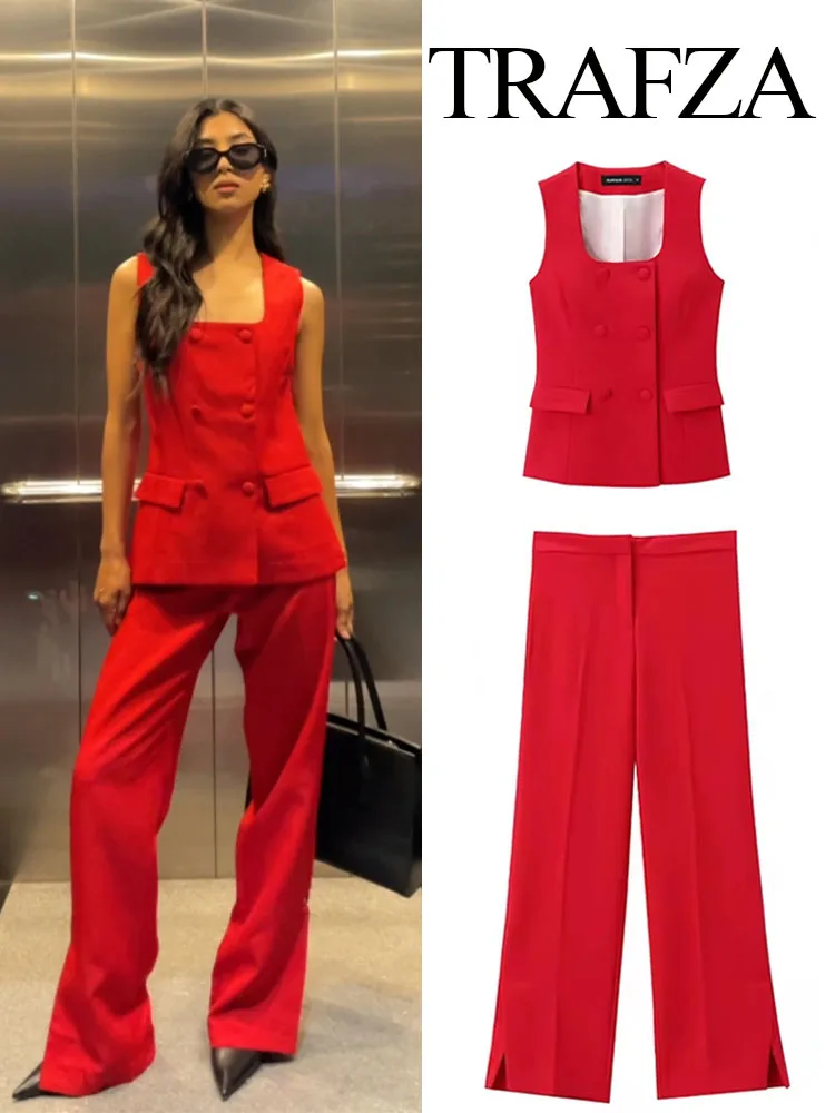 TRAFZA Summer Fashion Women Suits Red Square Neck Sleeveless Pockets Double Breasted Waistcoat Top+Mid-Waist Slit Stralght Pants