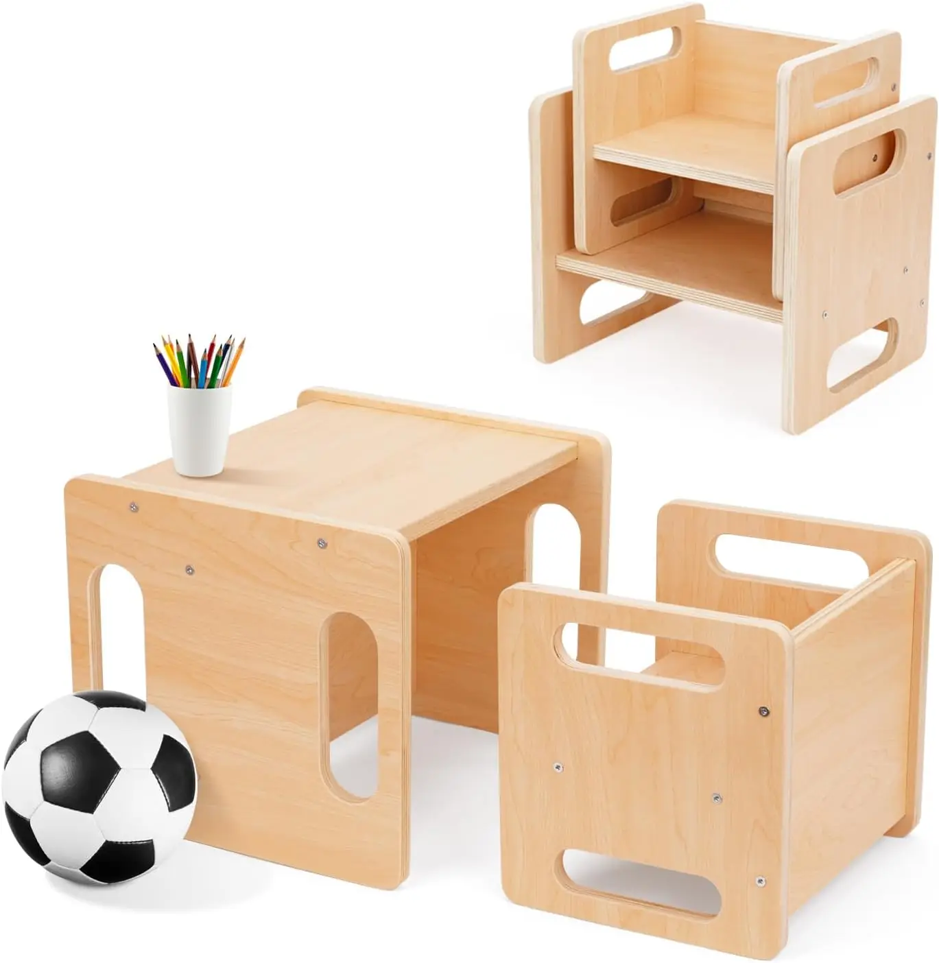 

Montessori Weaning Table and Chair Set with Fence for Kids 1-3 Years, Activity Furniture for Reading Play Snacks