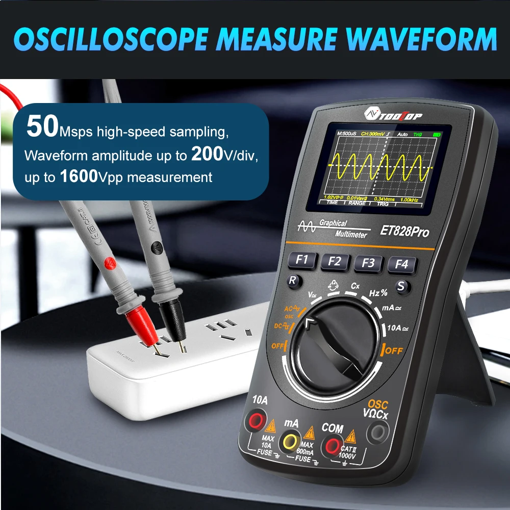 TOOLTOP ET828Pro 10MHz ręczny oscyloskop cyfrowy 50Msps automatyczny multimetr True RMS AC 565V oscyloskop wysokiego napięcia