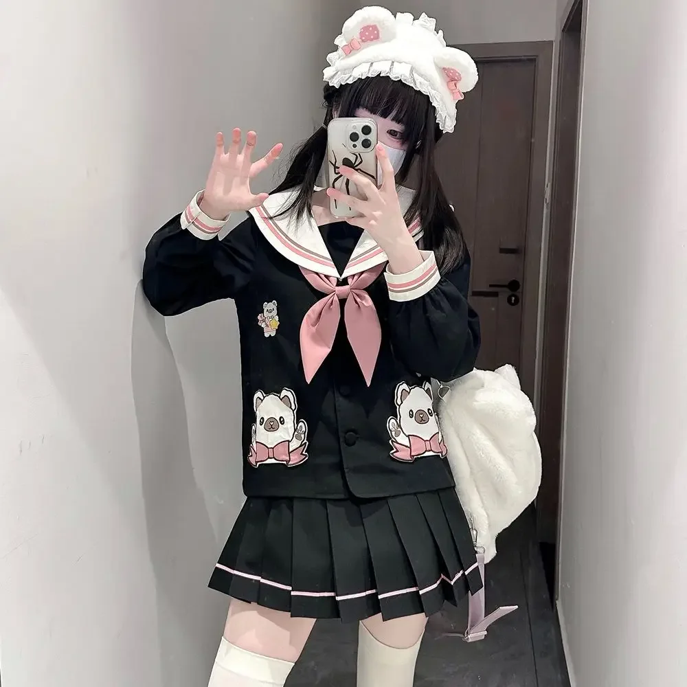 Black and Pink Princess JK Uniform Sailor Suit with Cute Bear Headband Japanese Korean Style Kindergarten Dress Spring Event