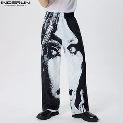 INCERUN 2024 American Style Stylish Trousers Men's Abstract Facial Printed Design Pants Casual City Walk Male Hot Sale Pantalons