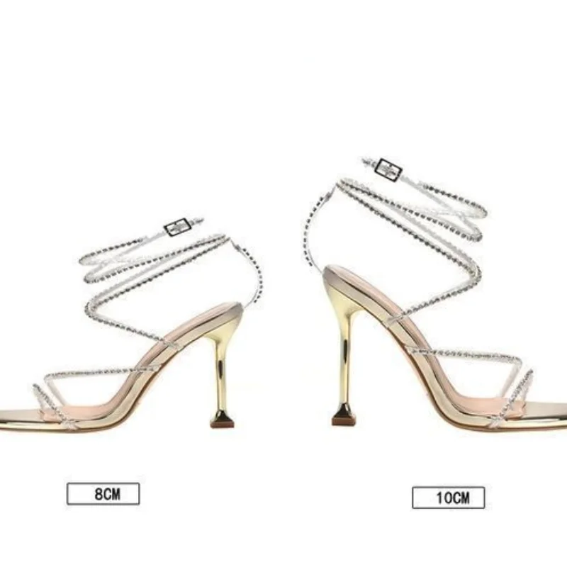 босоножки женские2023 Summer New Square Head Rhinestone Sandals Sexy Open Toe Stiletto Heels Crystal Strap Roman Shoe Women샌들